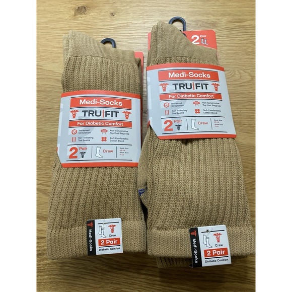 MediPeds Other - 2 Packs Medi Socks Tan Diabetic Crew Socks Size Mens Sock 10-13 New Cotton Blend